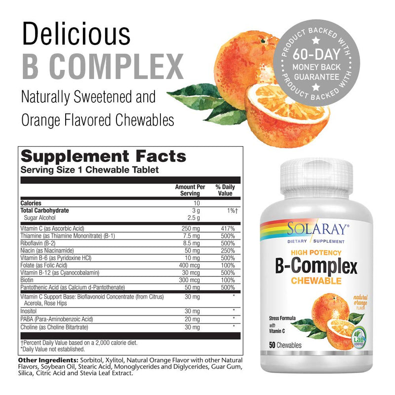[Australia] - Solaray Vitamin B-Complex 250mg Natural Orange Flavor | Healthy Hair, Skin, Immune Function & Metabolism Support | Lab Verified | 50 Chewables 