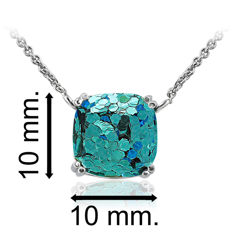 [Australia] - Sea of Ice 925 Sterling Silver Faceted Glitter 10mm Square Cushion Cut Pendent Necklace for Women, 18 inch Christmas, New Year Blue Glitter - Silver 