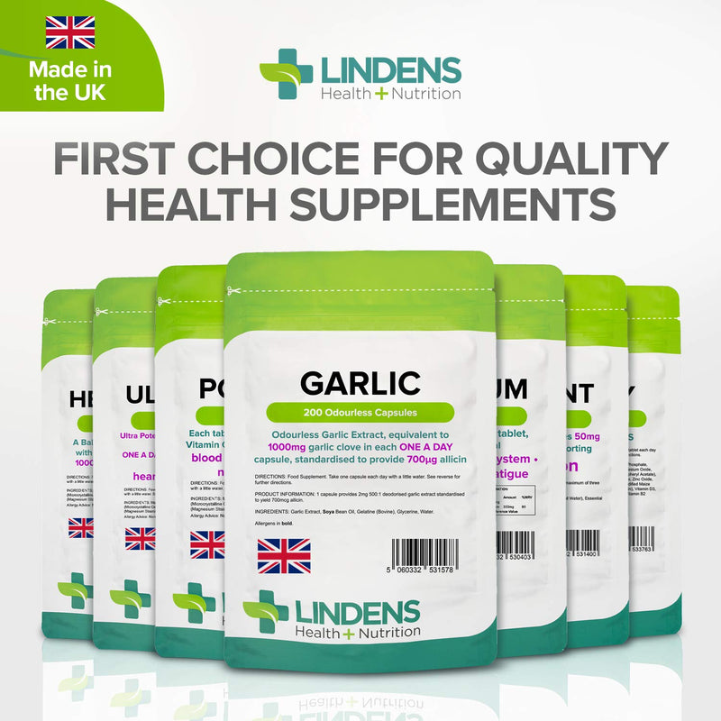 [Australia] - Lindens Garlic Odourless Capsules - 1000mg (700mcg Allicin) - 200 Capsules for 200 Days’ Supply - UK Manufacturer, Letterbox Friendly 