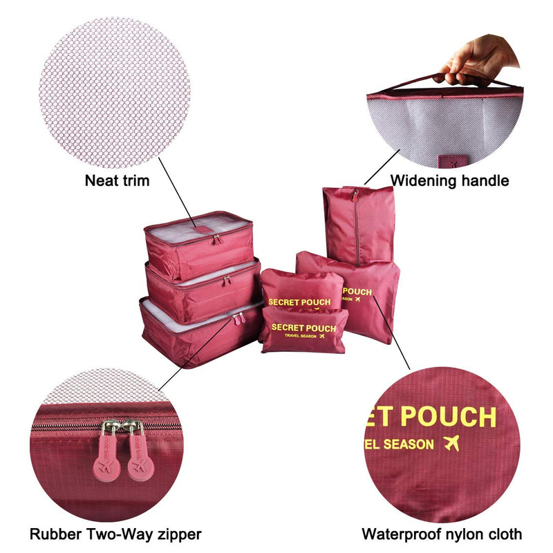 [Australia] - 7PCS Packing Cubes for Suitcases, TOYESS Waterproof Nylon Luggage Storage Bags Value Set for Travel and Backpacking, Red Wine 7pcs-red Wine 