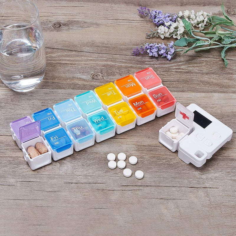 [Australia] - Portable Pill Box with Smart Reminder Alarm, 14 Grids Intelligent Electronic Digital Timer AM and PM Medicine Dispenser, Weakly Pill Organiser for Outdoor Travel Work 