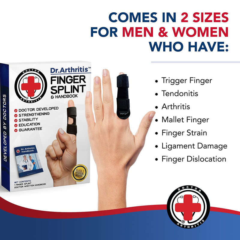 [Australia] - Dr. Arthritis Doctor Developed Finger Splint and Handbook [1-Piece] Trigger Finger Brace - Braces, Splints & Supports Index, Middle, Ring & Pinky Finger - Padded Finger Splints for Straightening Black, S/M 1 