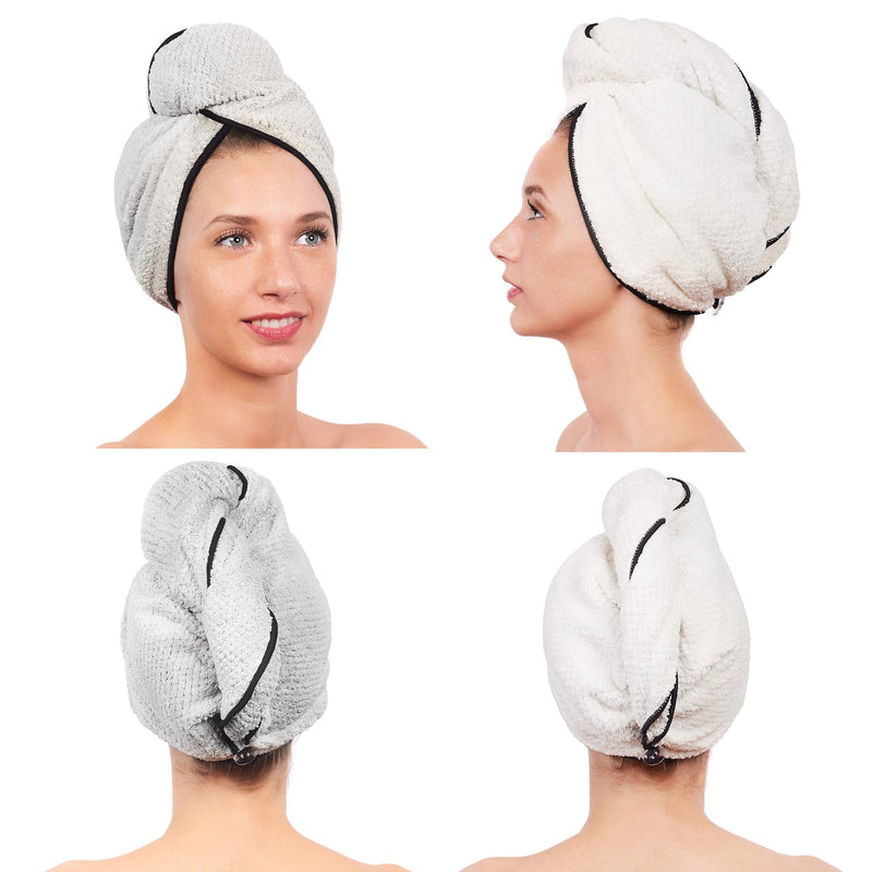 [Australia] - LUXERIS Microfiber Hair Towel for Women - Drying Twist Wrap for Curly, Long, Thin or Short Hair – Ultra Absorbent Anti Frizz Turban for Sleeping and Showering 2 Pack Plus Soft Headband(Ivory/Grey) White/Grey 