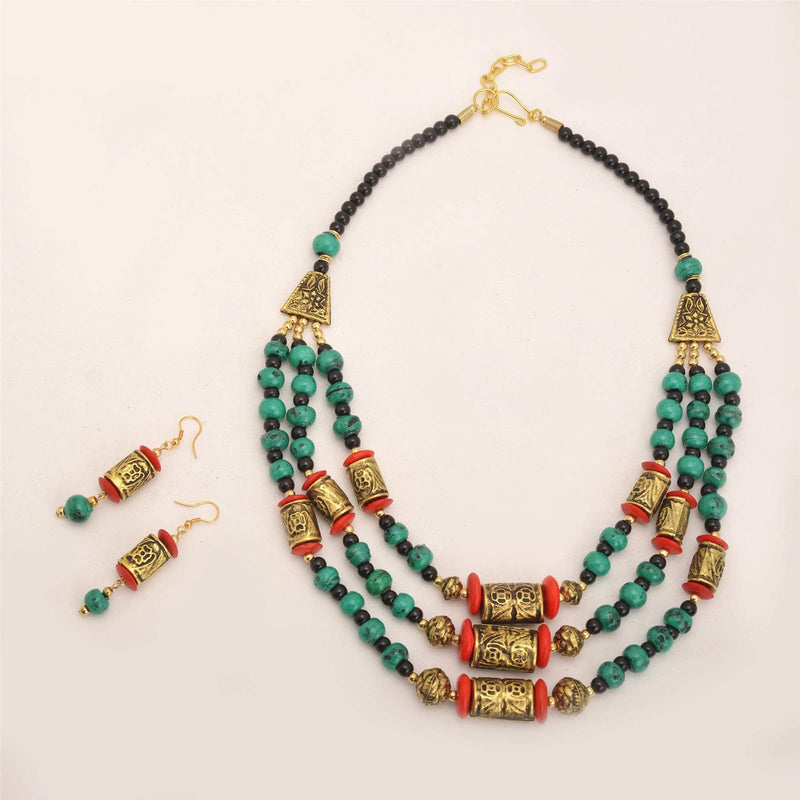 [Australia] - Zephyrr Tibetan Jewelry Beaded Multi Strand Mosaic Necklace Earring Set Statement Women Jewelry 