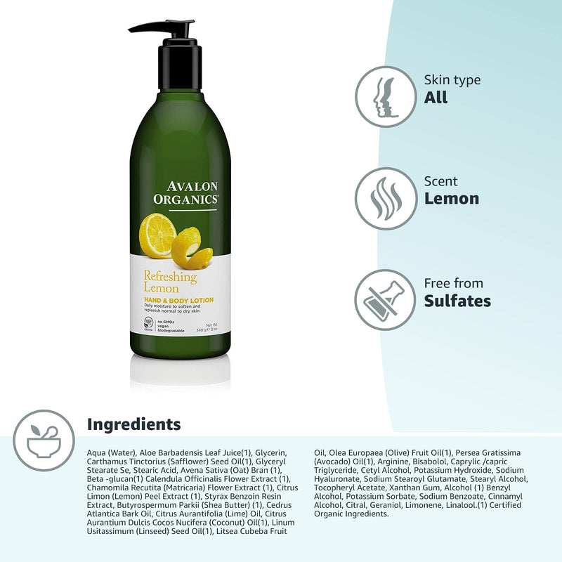 [Australia] - Avalon Organics Hand & Body Lotion, Refreshing Lemon, 12 Oz 