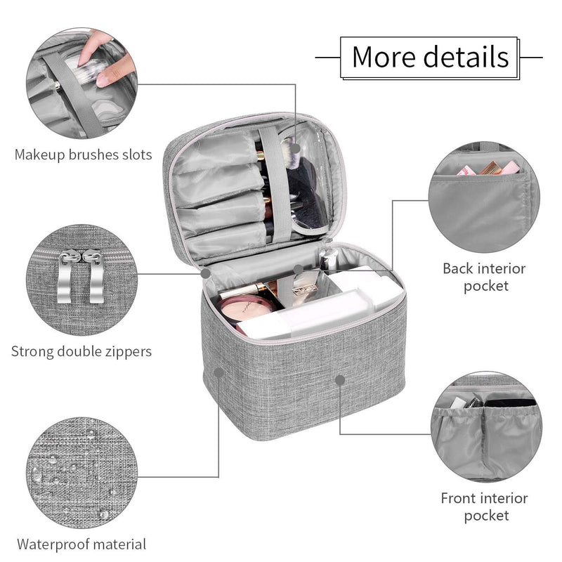 [Australia] - Makeup Bag Travel Large Cosmetic Bag Case Organizer Pouch with Mesh Bag Brush Holder Make Up Toiletry Bags for Women Standard Size Grey 