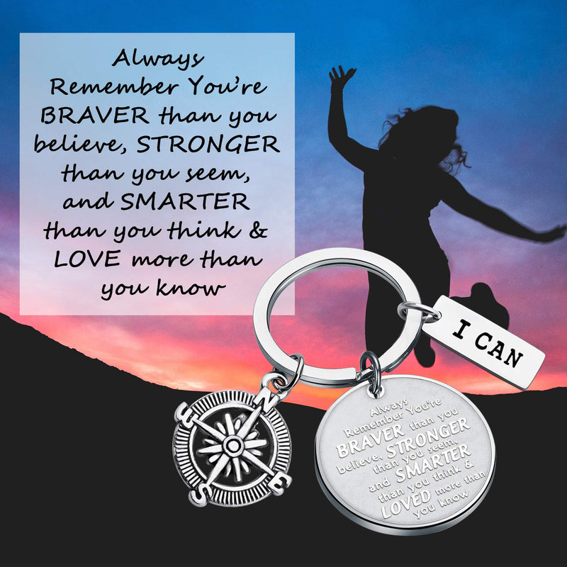 [Australia] - Inspirational Keychain You are Braver Stronger Smarter Than You Think Compass Keychain Graduation Gift Family Friend Students Kids Gifts silver 