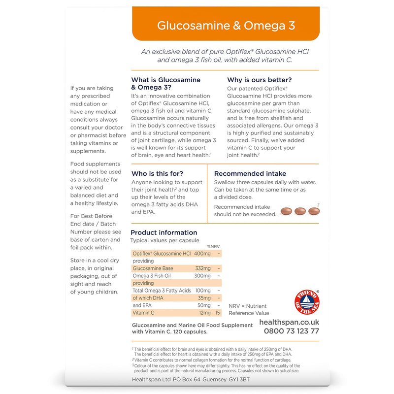 [Australia] - Healthspan Glucosamine & Omega 3 | 120 Capsules | Joint Health | Added Vitamin C | 400mg Optiflex Glucosamine HCI | 300mg Omega 3 Fish Oil | Highly Purified & Sustainably Sourced 