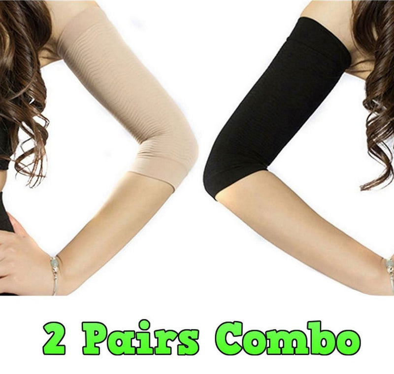 [Australia] - 2Pairs(Black+Color) Combo Slimming Compression Arm Shaper Short Sleeves for Women Girls 