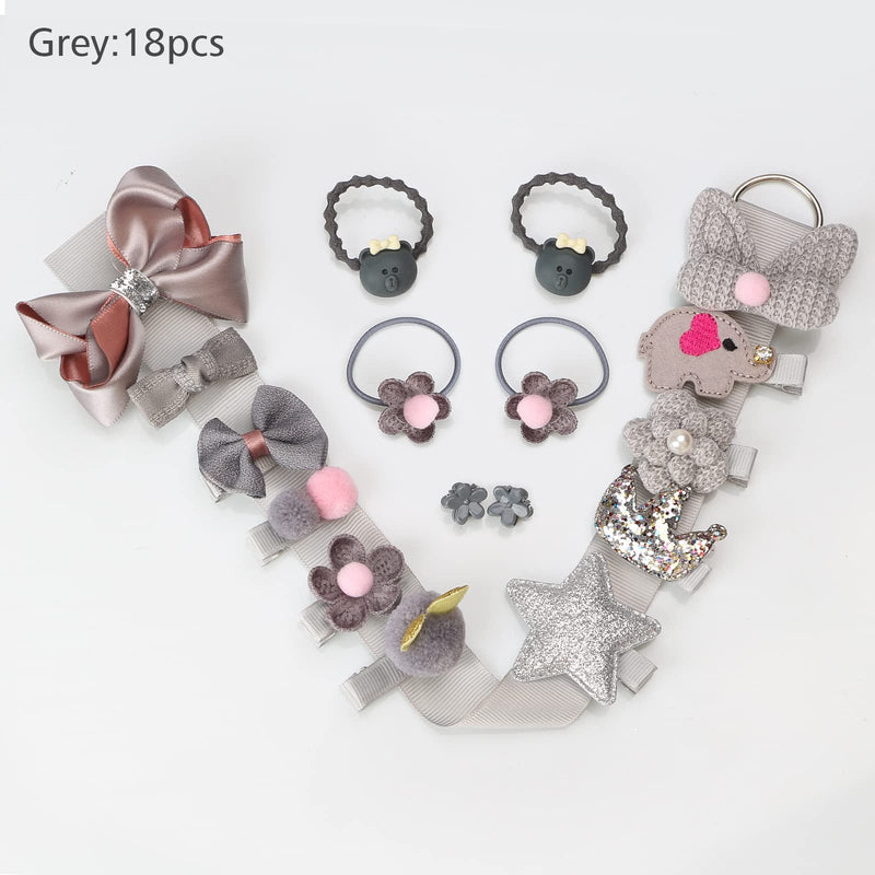 [Australia] - Girls Hair Accessories Gift Set, HQCM 18 Pieces Children Hair Clips Set for Christmas Birthday Gift, with Hairpins Ropes Bows Ties Barrettes Head Ornaments Silk Ribbon（Grey） Grey 