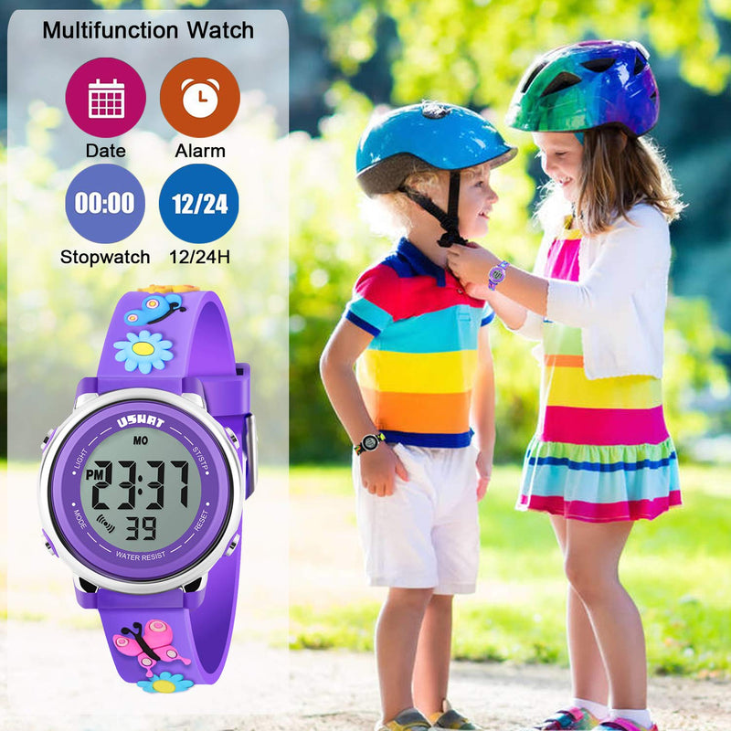 [Australia] - Kids Watch 3D Cartoon Toddler Wrist Digital Watch Waterproof 7 Color Lights with Alarm Stopwatch for 3-10 Year Boys Girls Little Child A Butterfly Pueple 