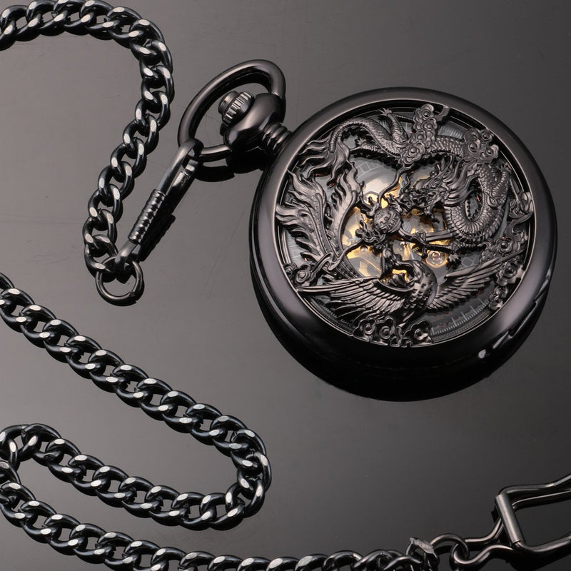 [Australia] - ManChDa Mens Antique Mechanical Pocket Watch Lucky Dragon & Phoenix Retro Skeleton Dial with Chain 1.Black 