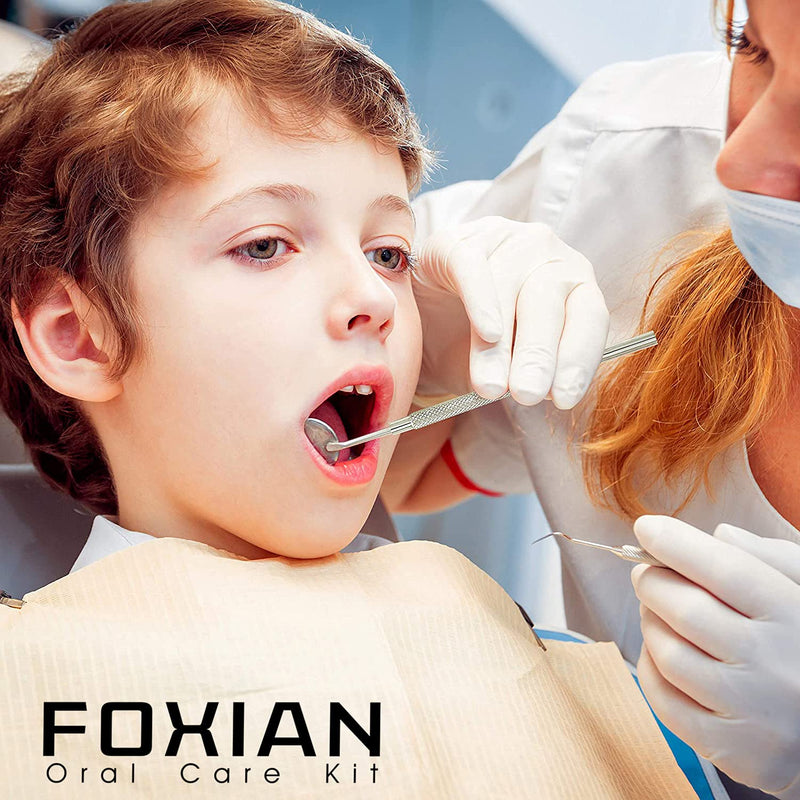 [Australia] - FOXIAN Professional 5 Pcs Oral Plaque Remover for Teeth Stainless Steel Tooth Picks Tartar Cleaner for Teeth Whitening & Oral Care Kit for Men Women Pets in Leather Pouch (5 Pcs) 