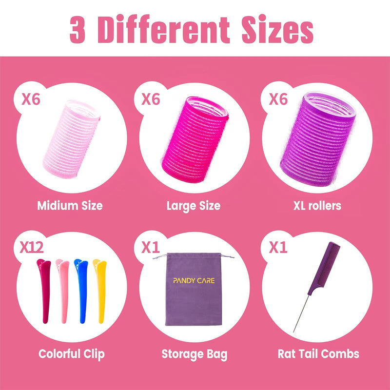[Australia] - Hair Rollers Set 32 PCS, PandyCare Hair Rollers For Long Hair & Short Hair - No Heat, Hair-friendly, Natural Effect, Includes 18 Rollers (1.73+1.41+0.98 inch), 12 Clips,1 Rat Tail Comb & 1 Storage Bag 