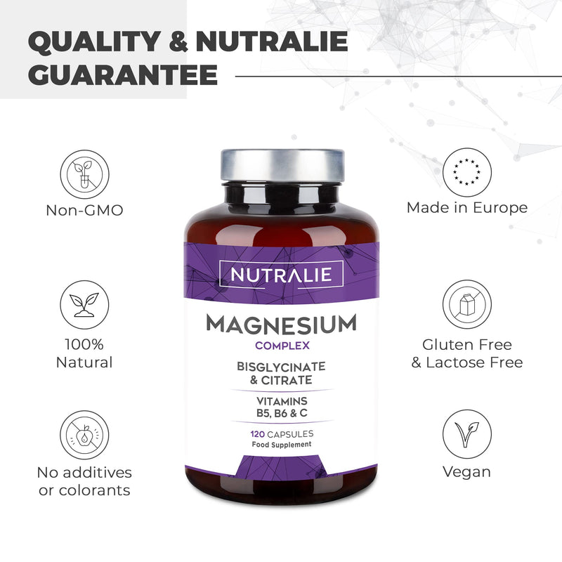 [Australia] - Magnesium Glycinate Complex - 2145mg Bisglycinate + Citrate Magnesium Supplements - Vitamins C B5 B6 - High Strenght Chelated Magnesium - 120 Capsules Nutralie 