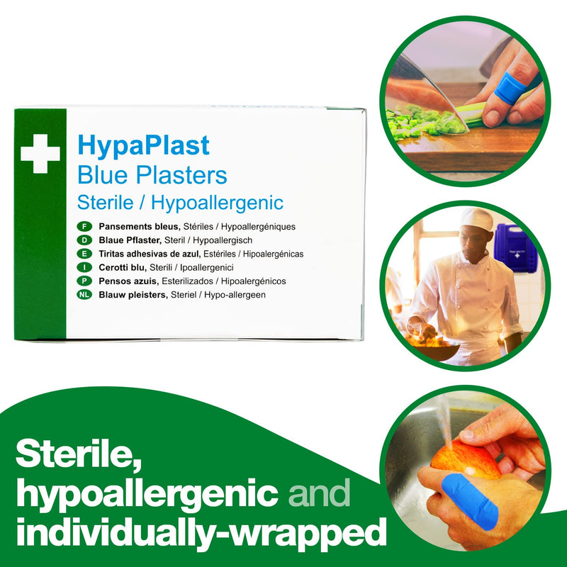 [Australia] - Safety First Aid Group HypaPlast Blue Catering Plasters, Assorted (Pack of 100) Sterile Hypoallergenic Assorted (Pack of 100) Blue Visually Detectable 
