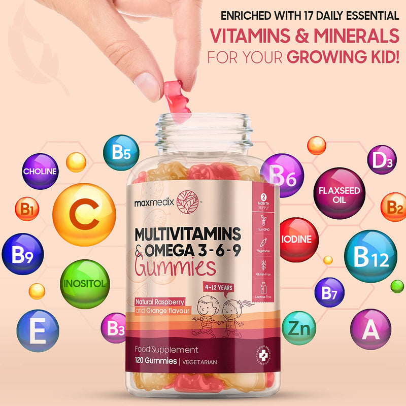 [Australia] - Multivitamins for Kids - 120 Chewable Gummies (2 Month Supply) - Child Vitamins with Zinc & Omega 3, 6 & 9 - Natural Raspberry & Orange Multivitamin Supplement - Non-GMO & Gluten Free Gummies 