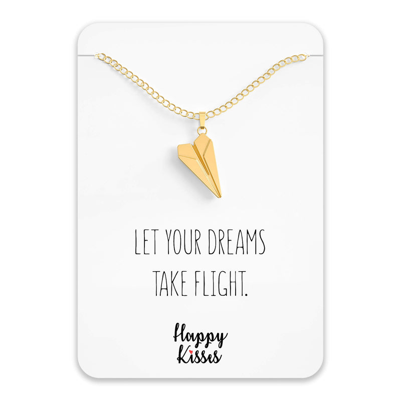 [Australia] - Paper Airplane Necklace – Cute Airplane Charm Pendant for Dreamer & Travelers – Message Card – Let Your Dreams Take Flight Gold 