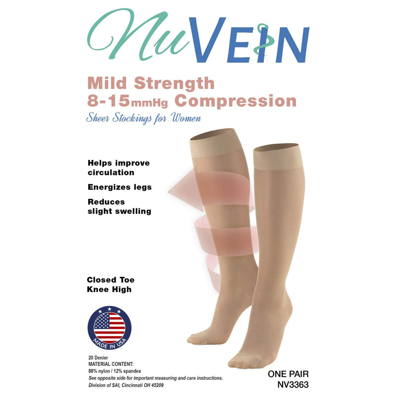 [Australia] - NuVein Sheer Compression Stockings for Women, 8-15 mmHg Support, Light Denier, Knee High, Closed Toe Beige Large 