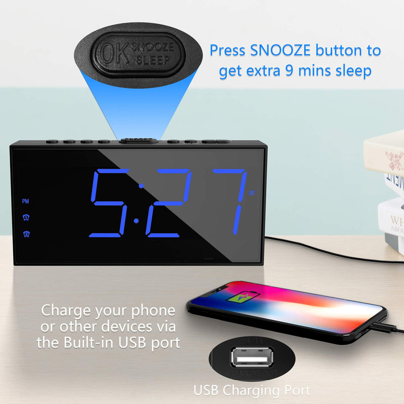 [Australia] - Digital Dual Alarm Clock for Bedroom, Large Display Bedside Clock with Battery Backup, USB Phone Charger, Volume, Dimmer, Easy to Set Loud LED Clock for Heavy Sleepers Kid Senior Teen Boy Girl Kitchen Blue Digits 
