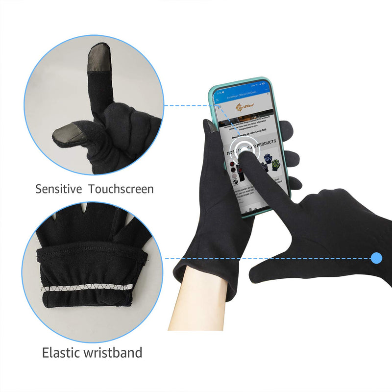 [Australia] - EvridWear 100% Cotton Touchscreen Moisturizing Beauty Gloves with Elastic Cuff, Natural Cosmetic Therapy Gloves for Eczema SPA Dry Hands Care Overnight (Black, Large) 2 Pairs Large (4 Count) 2Pairs-Black 