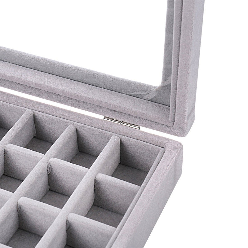 [Australia] - MeJell 24 Slot Velvet Glass Jewelry Box Organizer Rings Earrings Tray Display Storage Case Grey 