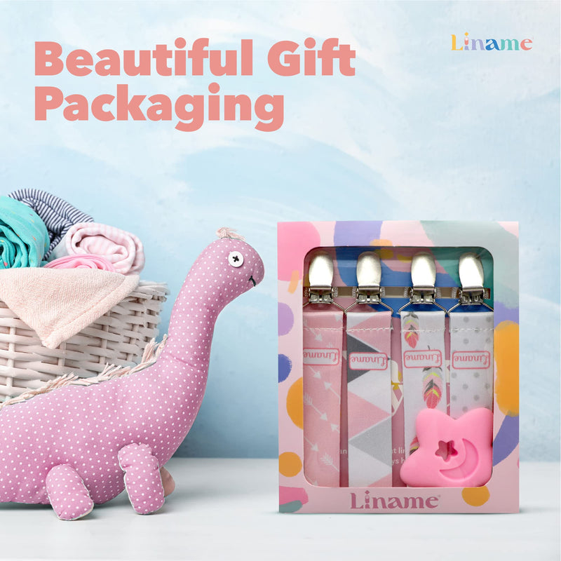 [Australia] - Liname Dummy Clip for Girls Boys with Bonus Teething Toy - 4 Pack Gift Packaging - Premium Quality & Unique Design - Dummy Clips Fit All Dummies & Soothers - Perfect Baby Gift (Pink, Metal Clip) Pink 