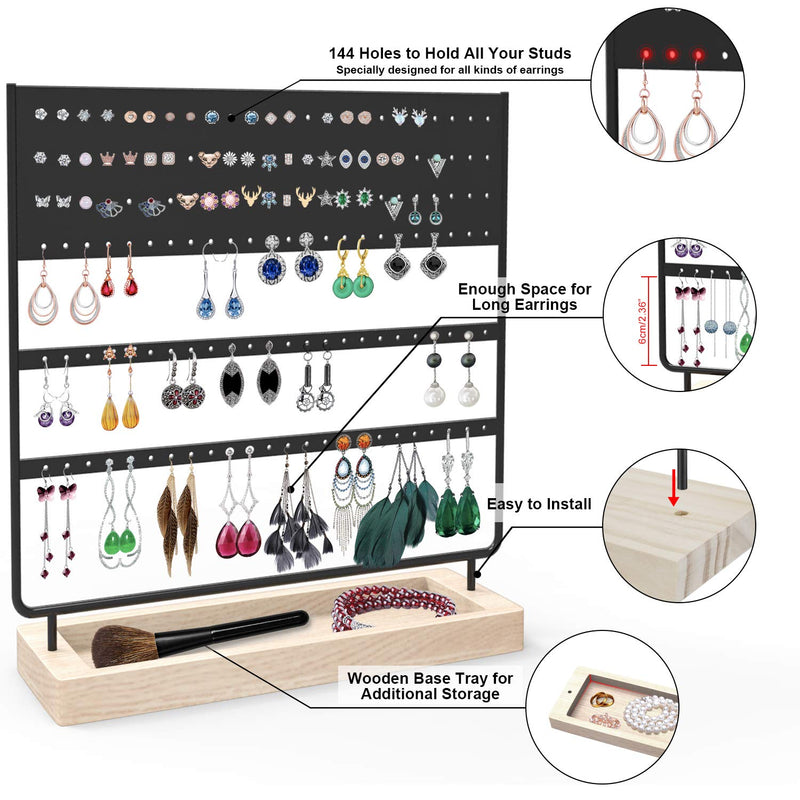 [Australia] - Earrings Organizer Jewelry Display Stand, 144 Holes Earring Holder Rack with Wooden Tray for Earrings Necklaces Bracelets and Rings Large Storage Earring Jewelry Display Tree as Women Girls Gift Black 