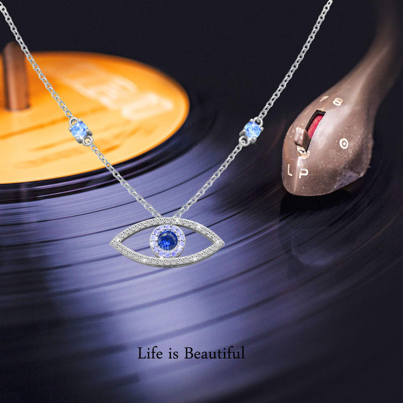 [Australia] - FREECO 925 Sterling Silver Evil Eye Jewelry Blue White CZ Pendant Eye Necklace Gifts for Women Girl 18" Sliver Chain 