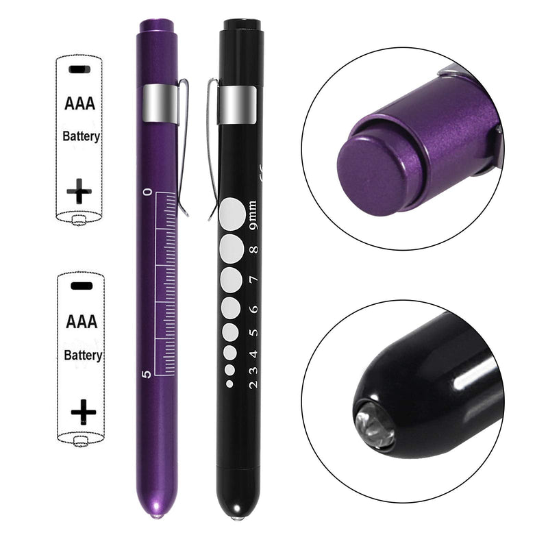 [Australia] - ALMOCN 2 Pack Pen Light,Nurse Medical Reusable LED Penlight White Light with Pupil Gauge and Ruler,Black and Purple Black and Purple 