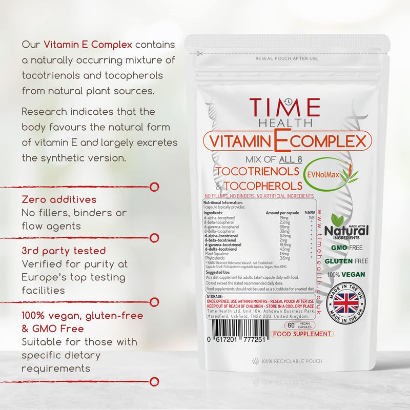 [Australia] - Vitamin E Complex - All 8 Tocopherols & Tocotrienols - 60 Pullulan Capsules - Natural - Plant-Based - Vegan - No Fillers, Binders or Flow Agents (60 Capsule Pouch) 60 Count (Pack of 1) 