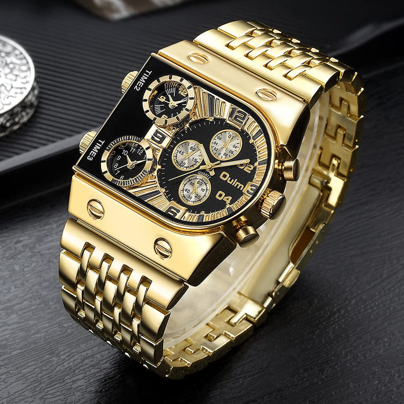 [Australia] - Creative Gold Watch Men Quartz 3 Time Zone Large Watch Stainless Steel Military Sport Male Clock gold black 