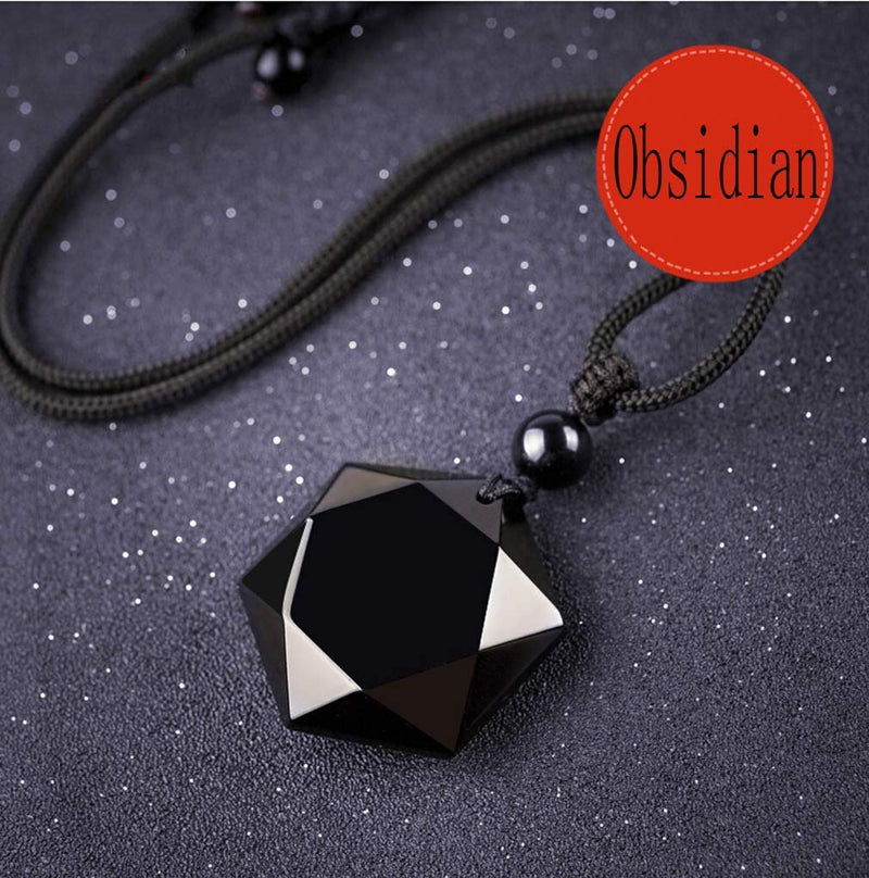 [Australia] - Obsidian Pendant Necklace Obsidian Crystal Pendant Necklace Pattern with Extend Bead Chain for Men or Women Hexagon Pendant 