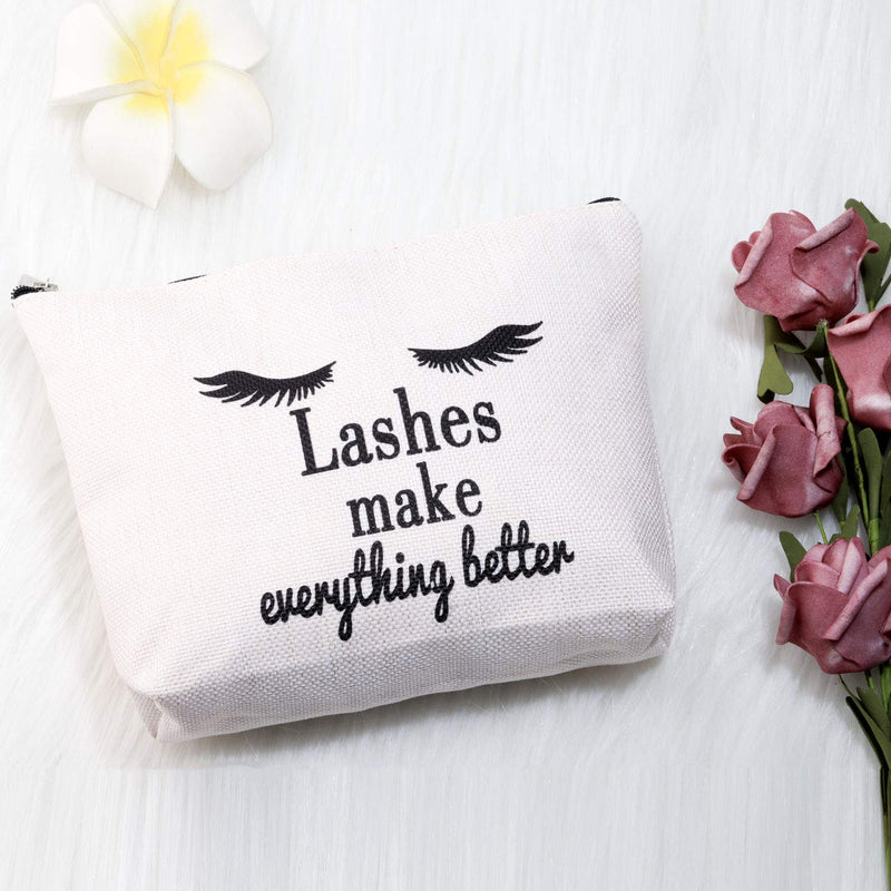 [Australia] - PXTIDY Eyelashes Quote Makeup Bag Lashes Make Everything Better Cosmetic Bag Girls Makeup Pouch Travel Bags (Beige) 