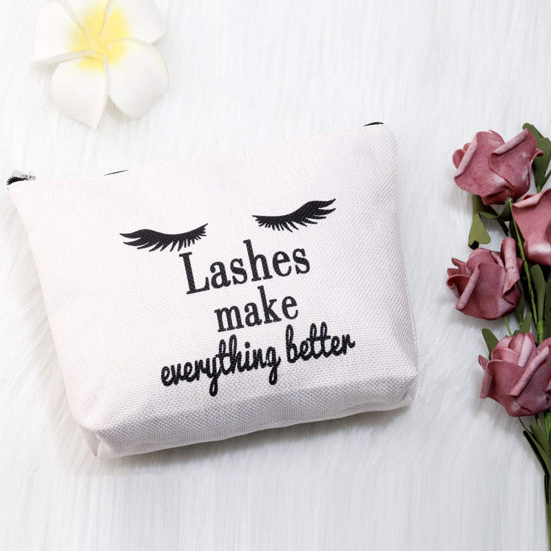 [Australia] - PXTIDY Eyelashes Quote Makeup Bag Lashes Make Everything Better Cosmetic Bag Girls Makeup Pouch Travel Bags beige 