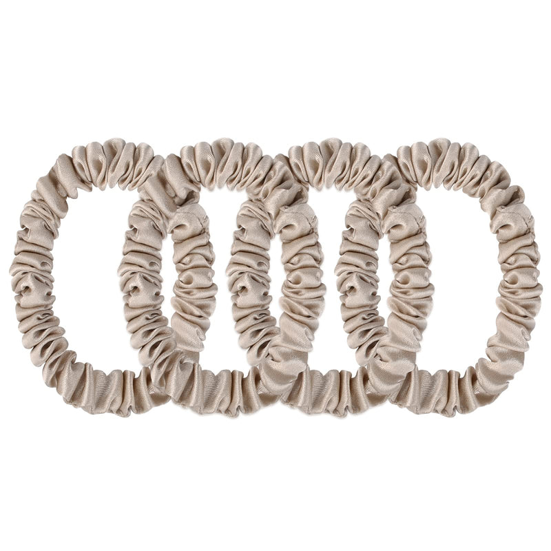 [Australia] - SILKIE x4 Set 100% Pure Mulberry Silk Champagne Skinny Scrunchies Travel Pouch Everyday Hair Ties Elastics Hair Care Ponytail Holder No Damage(Champagne) 