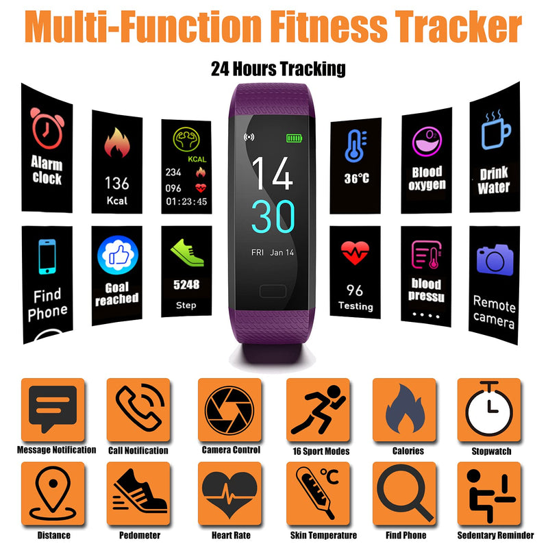 [Australia] - ENGERWALL Fitness Tracker with Step Counter /Calories /Stopwatch, Activity Tracker with Heart Rate Monitor, IP68, Health Tracker with Sleep Tracker, Smartwatch, Pedometer Watch for Women Men Kids Purple 