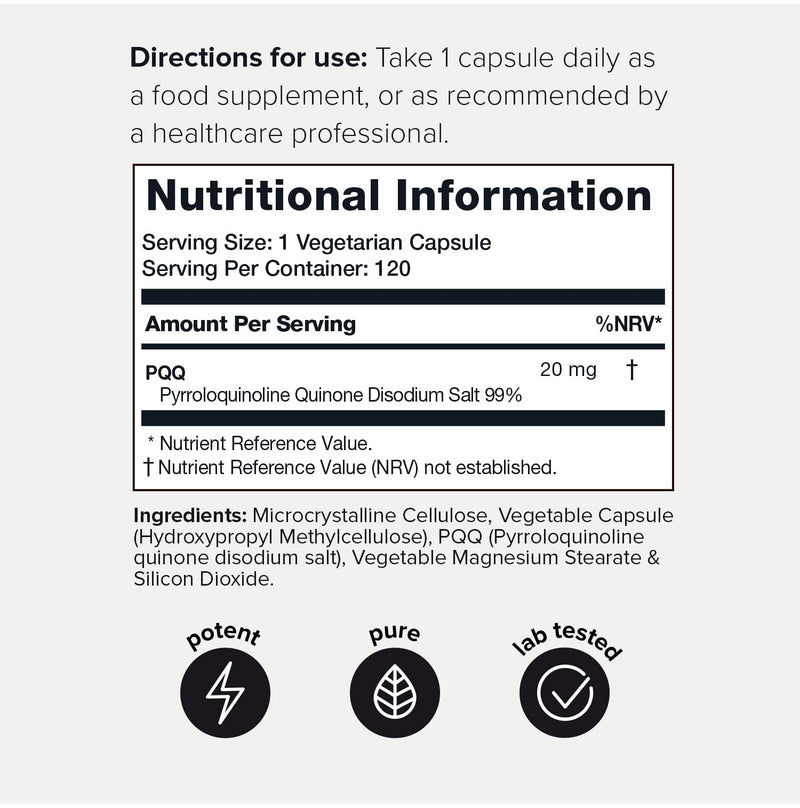[Australia] - Ultra High Purity PQQ Capsules - 99%+ Highly Purified and Highly Bioavailable -120 Capsules - 20mg Concentrated Formula - Pyrroloquinoline Quinone Supplement 