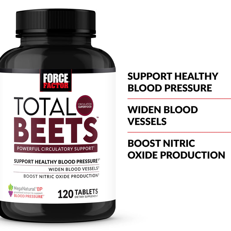 [Australia] - Force Factor Total Beets Blood Pressure Support Supplement with Nitrates and Grapeseed Extract to Boost Nitric Oxide, Circulatory and Cardiovascular Vasodilator Heart Health Vitamins, 120 Count Tablets 120 Count (Pack of 1) 