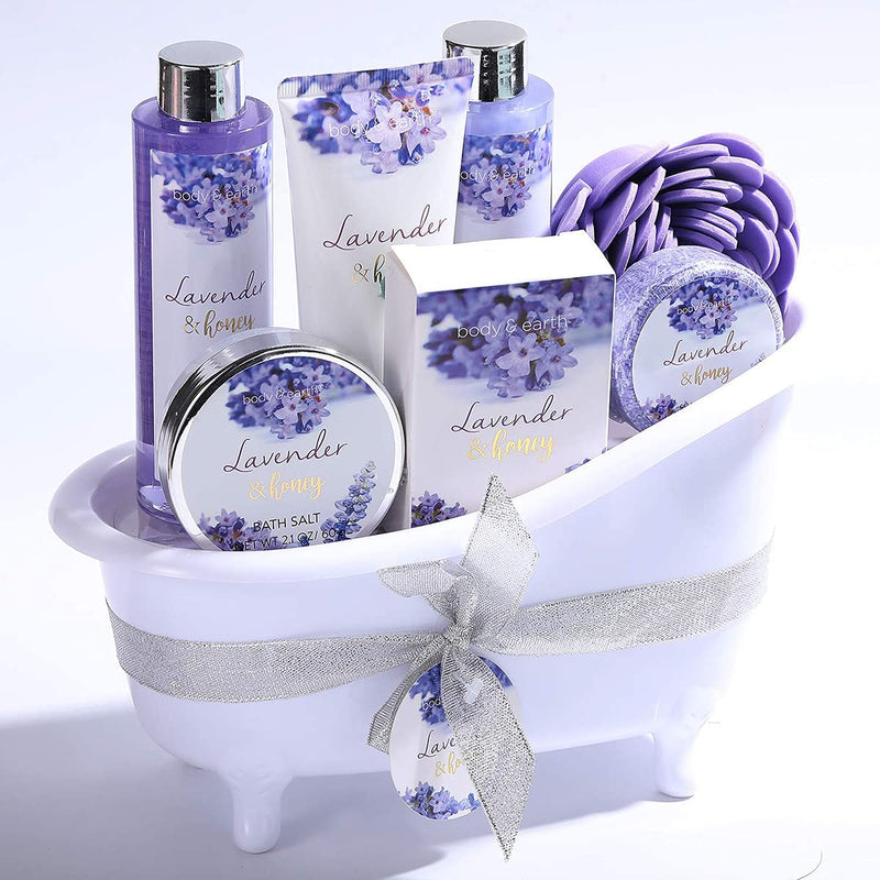[Australia] - BODY & EARTH Bath and Body Gift Set - 8 Pcs Spa Gift Sets with Lavender & Honey Scent, Includes Shower Gel, Bubble Bath, Shampoo Bar and More, Bath Sets for Women Gifts, Xmas, Birthday Gifts for Her 