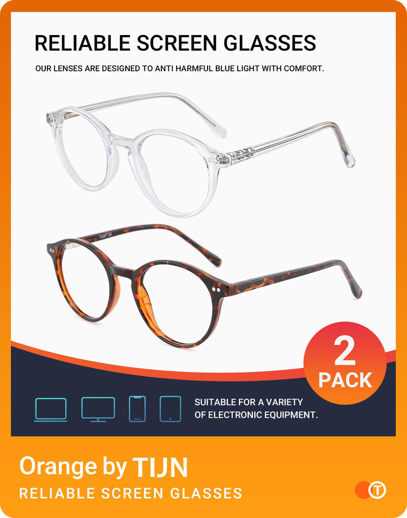 [Australia] - TIJN Blue Light Blocking Glasses Men Women Vintage Thick Round Rim Frame Eyeglasses 01(2pack)transparent/Tortoise 