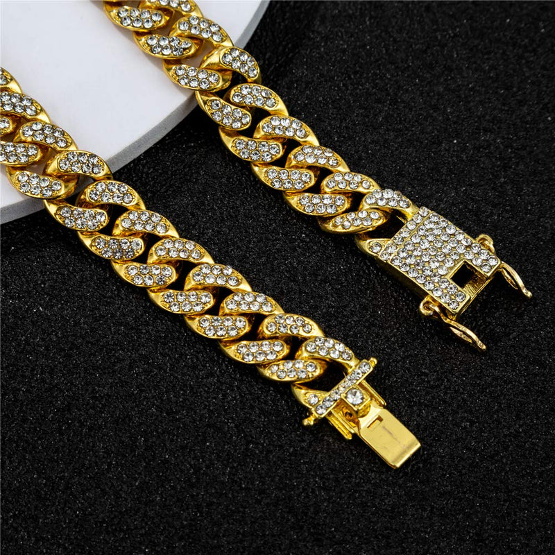 [Australia] - 12mm Wide Cuban Link Iced Out Rhinestone Filled Chain Anklet, 18K Gold / White Gold Plated Punk Hip-hop Ankle Bracelets for Women, Length 10”, Weight 46g 