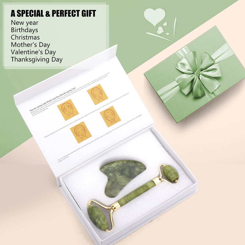 [Australia] - Deciniee Jade Roller and Gua Sha Set - Beauty Face Roller Massager & Guasha Tool for Face, Eye, Neck, Body - 2 in 1 Skin Care Gua Sha Massage Tools, Muscle Releaxing and Relieve Wrinkles Green 