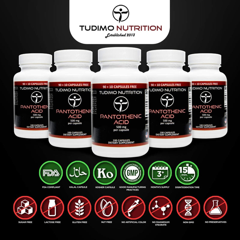 [Australia] - Vitamin B5 Pantothenic Acid 500mg Capsules - 100 pcs (3+ Month Supply) of Rapidly Disintegrating Capsules, Each with 500 mg of Premium Quality & Pure VIT B-5 Pantothenic Acid Powder 