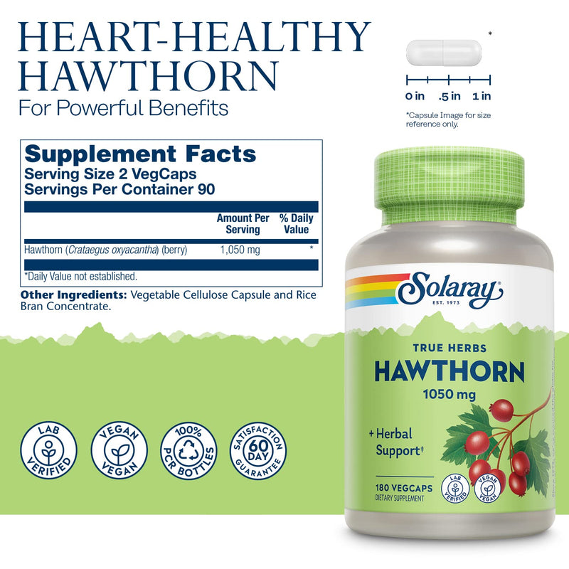 [Australia] - Solaray Hawthorn Berry 1050mg | Healthy Cardiovascular Function & Normal, Healthy Circulation | Whole Berry | Non-GMO & Vegan | 180 VegCaps 180 Count (Pack of 1) 