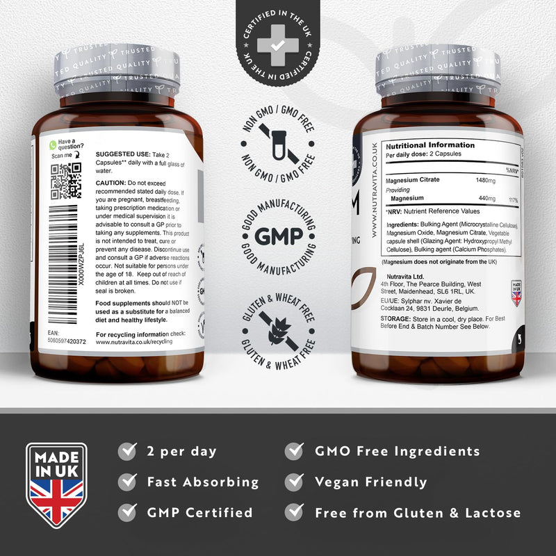 [Australia] - Super Strength 1480mg � 180 Vegan Magnesium Citrate Capsules not Magnesium Tablets � High Absorption, Premium Magnesium Supplements � 90 Days Supply � Made in The UK by Nutravita 