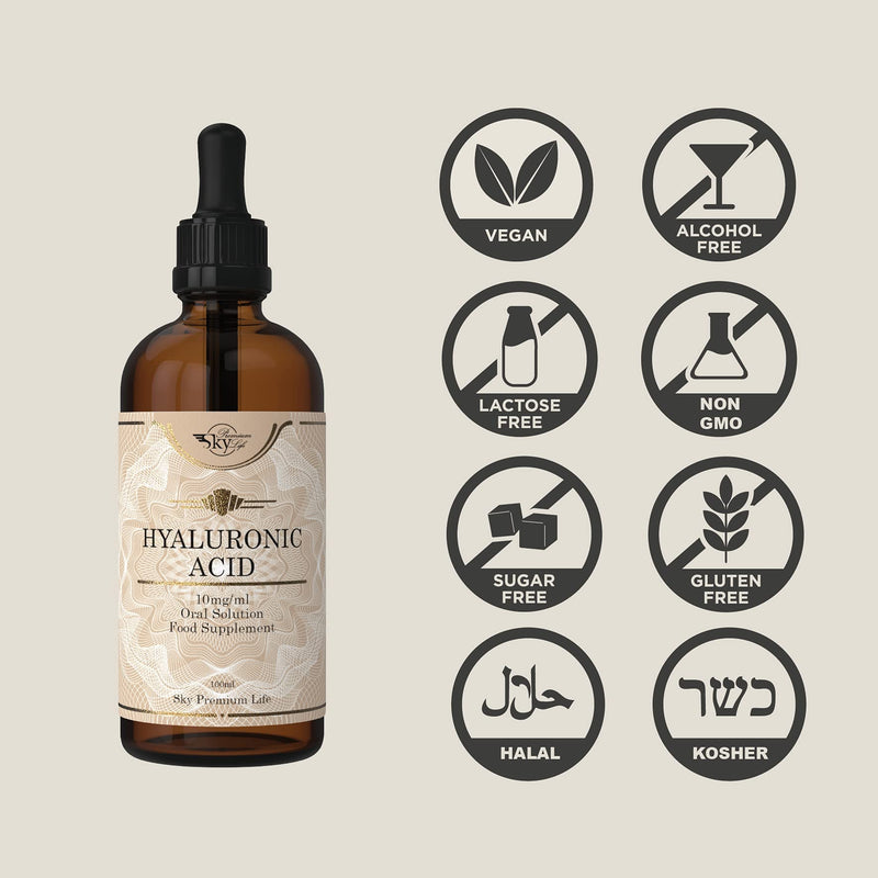 [Australia] - Sky Premium Life Hyaluronic Acid Food Supplement 10mg/ml - 100ml - Vegan Oral Solution - Produced by Bio-Fermentation - Halal & Kosher 