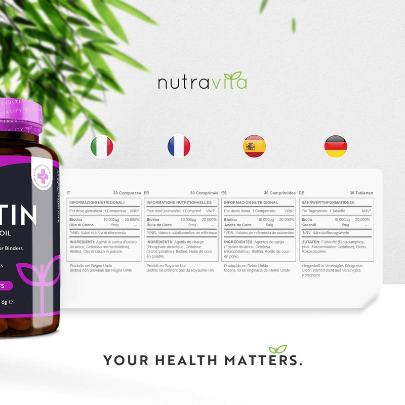 [Australia] - Biotin Hair Growth Supplement 10,000mcg - Vegan High Strength Biotin Tablets for Hair - One Month Supply Enhanced with Coconut Oil - Supports Normal Skin and Hair Growth - Made in The UK by Nutravita 30 Tablets 