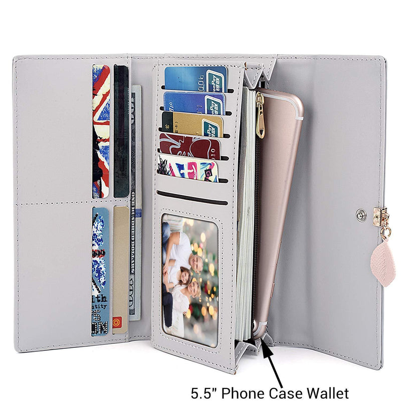 [Australia] - UTO Women Phone Purses Ladies Long Wallet Leaf Pendant Zipper Coin Pocket Multi Card Slots PU Leather Grey New Version 