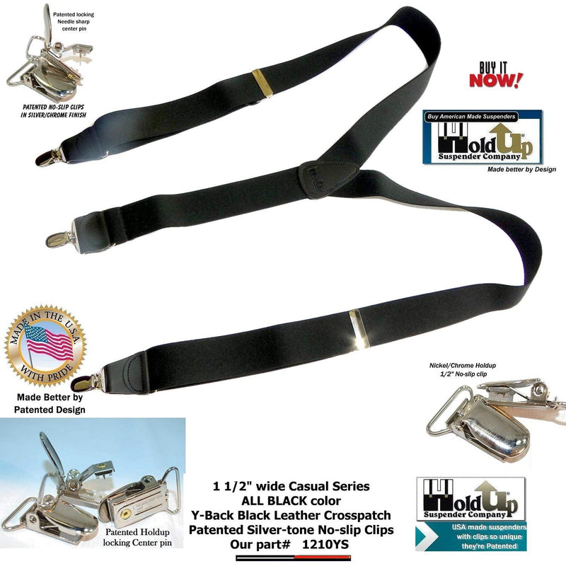 [Australia] - Holdup Suspender Company USA made All Black Casual Series Y-back Suspenders with Patented Silver-tone No-Slip clips 